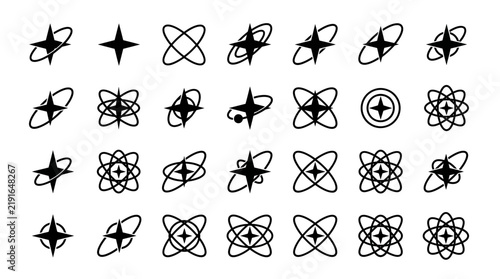 Collection of Diverse Abstract Star and Orbit Symbols Perfect for Technology Logos or Navigation Icons