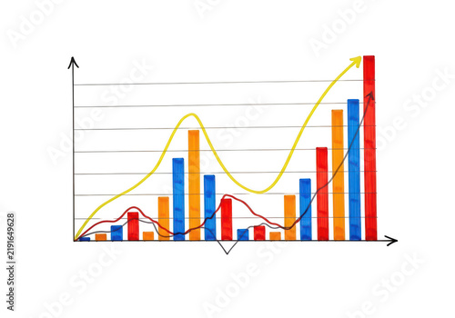 Colorful bar chart with trend lines for business growth isolated on transparent background