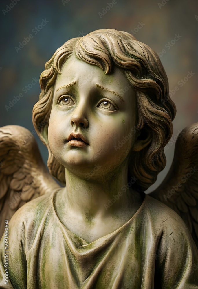 Fototapeta premium Grief and mourning concept, weathered stone angel statue with sad expression looking upward, religious art and spiritual solace in a cemetery setting
