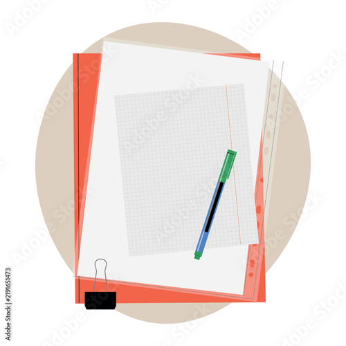 Pen on papers stack. Folder with sheets, organized stationery for writing and document management tasks. Minimal workspace top view. Vector cartoon flat style isolated illustration