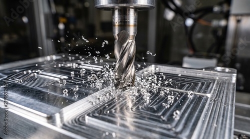 A close-up CNC cutting machine precisely engraving a metal surface, with visible machining details and metal chips, representing advanced manufacturing and industrial engineering.