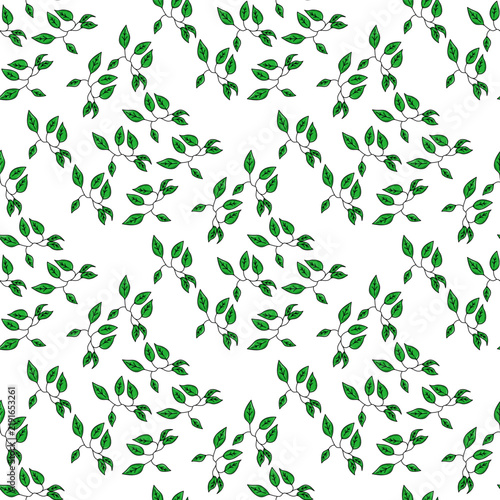 Seamless green leaves pattern on white background for eco friendly nature and botanical design concepts