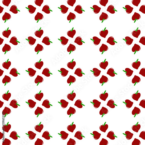 Seamless pattern of red apple fruit clusters with green leaves on a white background illustration