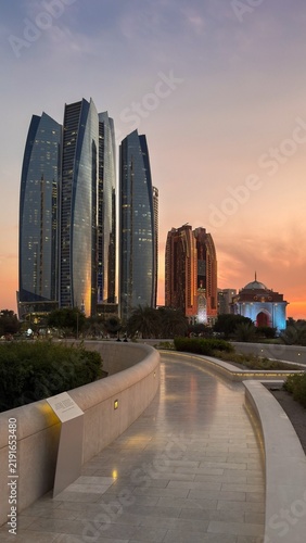 Photography the striking Etihad Towers complex along the Corniche in Abu Dhabi, United Arab Emirates