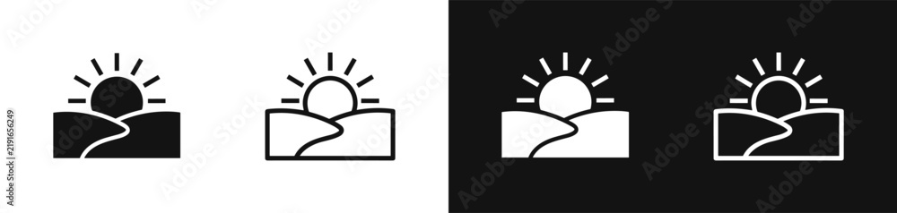 Obraz premium Sunrise over Hills Icon Set with Morning Sun and Desert Dunes Symbol