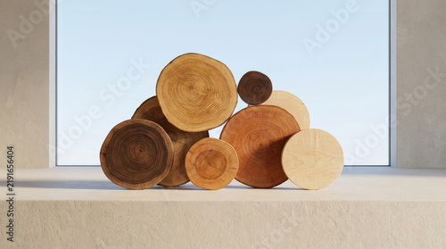 Artistic arrangement of different wood species with rustic log slices and natural texture against bright window