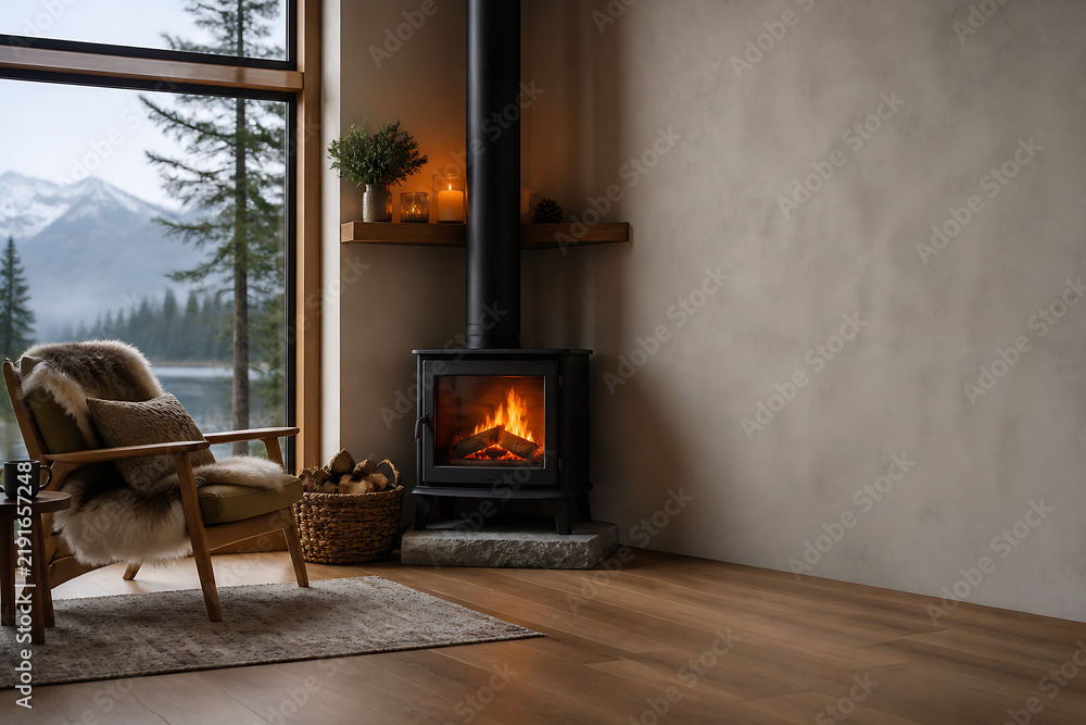 Obraz premium A cozy interior scene featuring a fireplace, a comfortable armchair with fur throw, and a large window overlooking a snowy landscape.