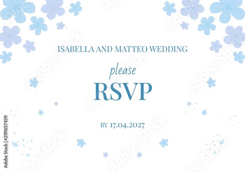 Elegant wedding RSVP card with white background and light blue floral border. Formal invitation design featuring centered text