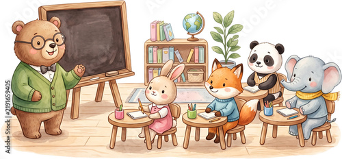 Cute Animal Students in a Preschool Classroom. suitable for kindergarten, children's education, and school materials.