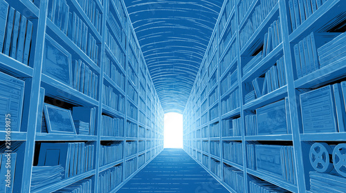 Bookshelves recede toward light
