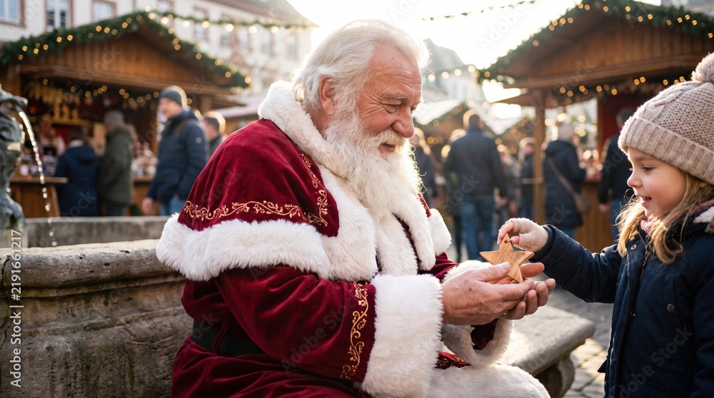 Fototapeta premium Elderly man dressed as Santa Claus smiles while a young girl in knit hat hands him a small treat at a festive Christmas market