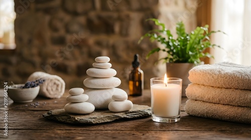 Relaxing spa composition with stacked white stones, burning candle, and towels