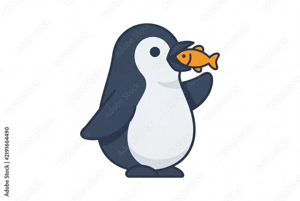 Fototapeta premium Penguin side profile eating a small orange fish illustration
