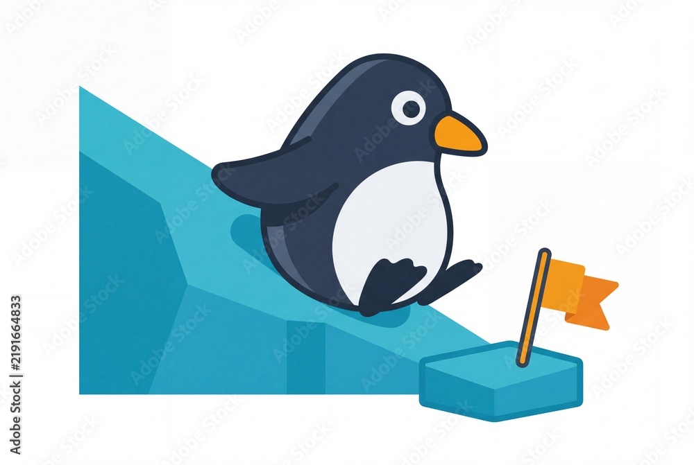 Fototapeta premium Cute penguin side profile sliding down an iceberg towards a flag