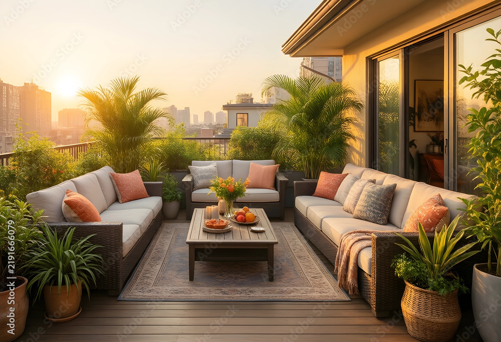 Fototapeta premium Luxury outdoor living and urban lifestyle, modern rooftop terrace with comfortable lounge furniture and sunset city skyline view for relaxation