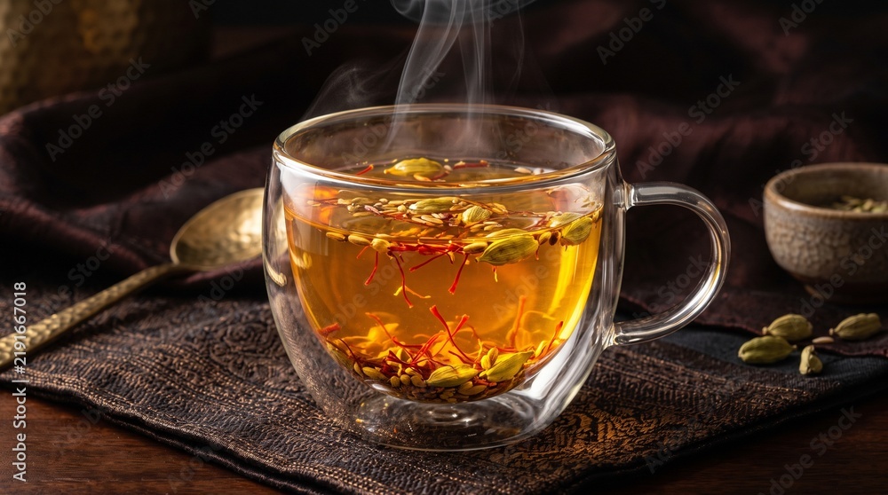 Fototapeta premium A steaming glass mug of saffron and cardamom herbal tea on a rustic cloth, showcasing a healthy wellness drink for relaxation.