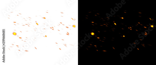 Glowing fire sparks and burning embers, flying hot charcoal particles on black and white backgrounds, cinematic heat effect for overlays