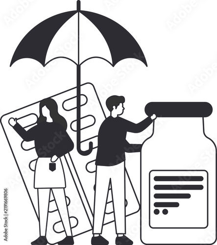 Foto Health insurance concept couple under umbrella with medical shield family protec
