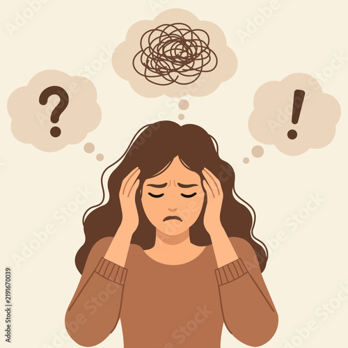 Woman holding head with question mark and exclamation point bubbles vector illustration female person portrait headache stress anxiety worry confusion.