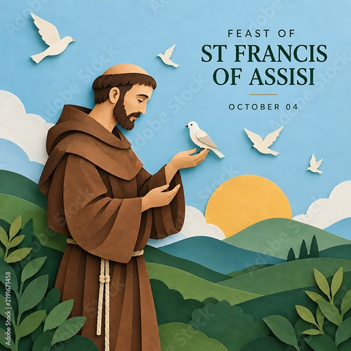 Saint francis of assisi holding bird at sunset