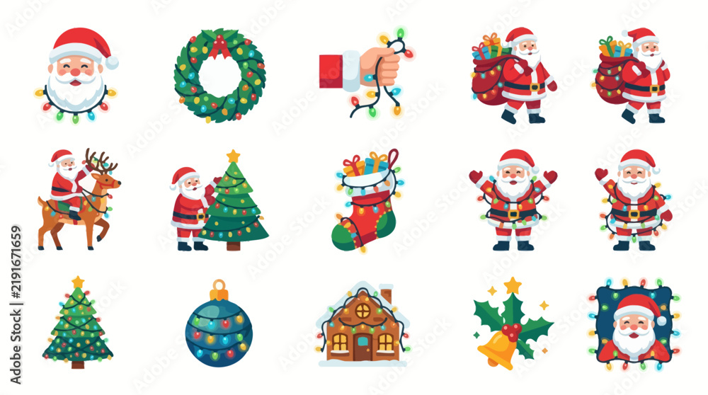 Fototapeta premium Set of cute Christmas elements with Santa Claus and festive decorations.