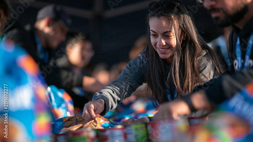 Volunteer Woman Packing Food at Charity Donation Event