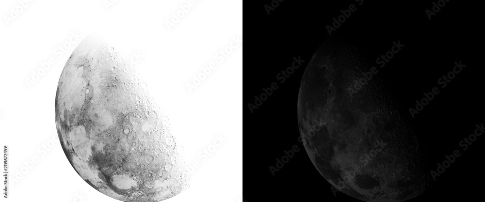 Fototapeta premium Realistic moon surface textures on white and black backgrounds, detailed lunar crater illustrations, celestial planet surface design elements