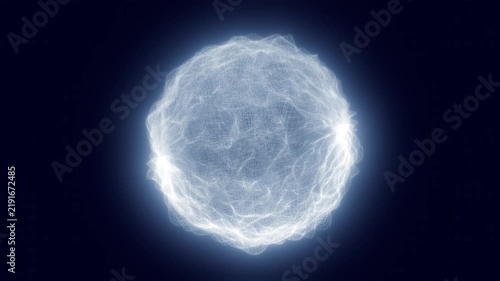 Abstract glowing white energy sphere formed by an intricate luminous mesh on a dark blue background