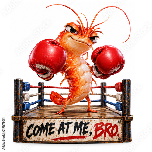 Funny Shrimp Boxer Wearing Red Boxing Gloves in Boxing Ring Humor Illustration