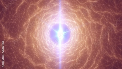 Abstract glowing portal with a brilliant white core surrounded by peach wireframe waves