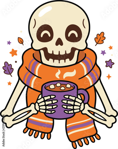 Cute Ghost Wearing Purple Beanie Holding Coffee Halloween Illustration