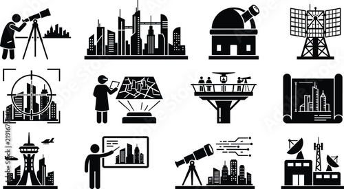 Smart City Planning and Surveillance Technology Icon Set, Futuristic Urban Architecture, Telecommunications Tower and Observatory Vector Silhouettes
