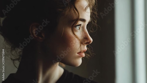 Thoughtful Young Woman Looking Through a Window in Soft Natural Light
