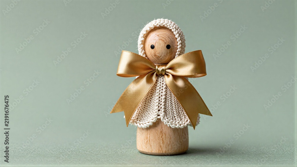 Fototapeta premium Wooden doll with knitted bonnet and golden bow, serene against soft green backdrop.