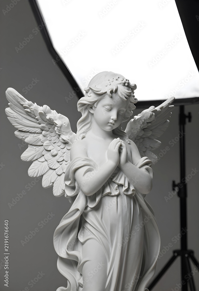 Fototapeta premium Spirituality and peace marble angel statue with praying hands for religious worship funeral memorial and divine grace in a studio lighting setup