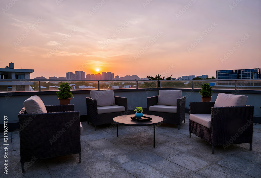 Fototapeta premium Work-life balance and corporate relaxation, rooftop terrace lounge with comfortable seating overlooking a city skyline at sunset for evening networking