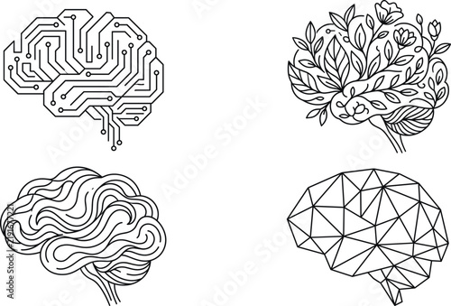 Human brain concept vector icon set with technology circuit digital floral organic low poly geometric line art elements