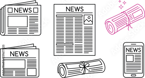 Newspaper media journal line icon set with daily news press paper roll smartphone app and digital article symbol