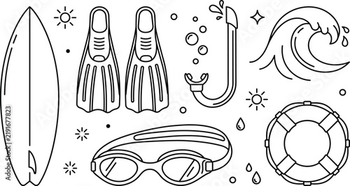 Summer water sports line art vector icon illustration with surfboard flippers snorkel goggles wave and ocean lifebuoy elements