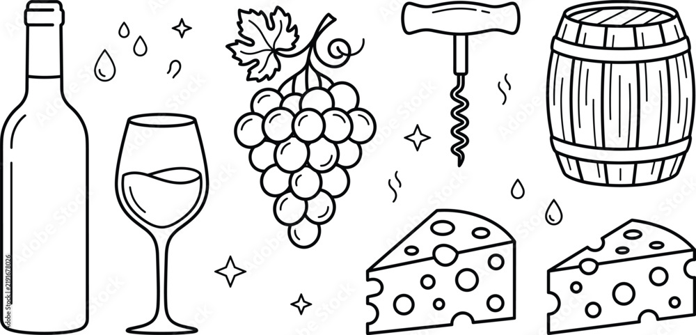 Obraz premium Wine element line art vector icon set of bottle glass grapes corkscrew barrel and cheese slice clip art