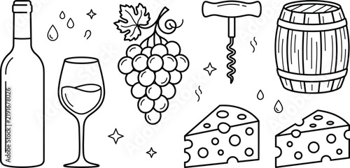 Wine element line art vector icon set of bottle glass grapes corkscrew barrel and cheese slice clip art
