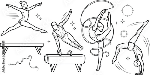 Artistic gymnastics and rhythmic sports vector icon set with balance beam pommel horse ribbon floor tumbling elements