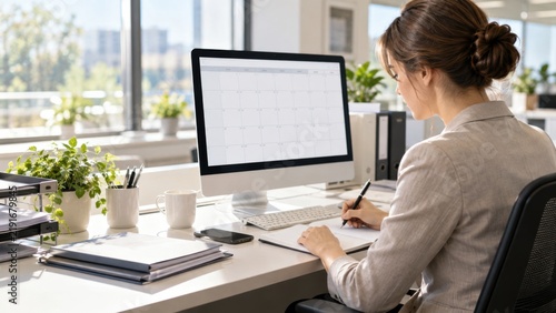 Businesswoman writes notes at a modern desk with a computer showing a blank calendar, surrounded by plants and office supplies in a bright office space