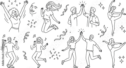 Happy people celebrating line icon set with dancing jumping cheering friends high five ballet dancer and party symbols