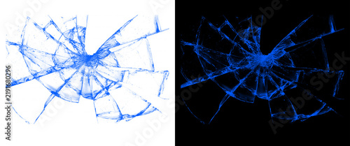 Obraz na plátně Broken glass texture with blue cracks, shattered window effect on white and blac