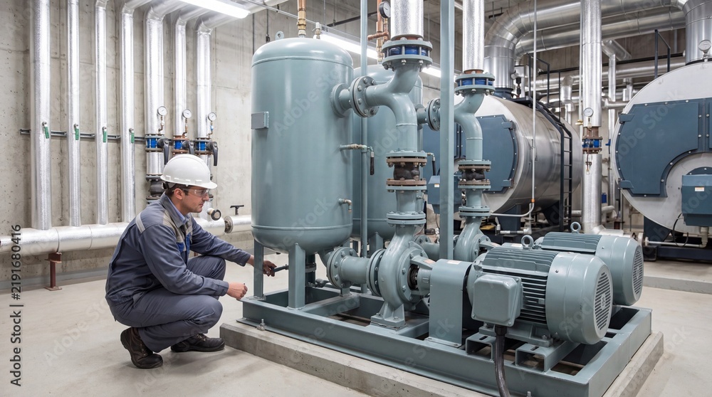 Fototapeta premium Industrial Boiler Room Maintenance and Piping Inspection