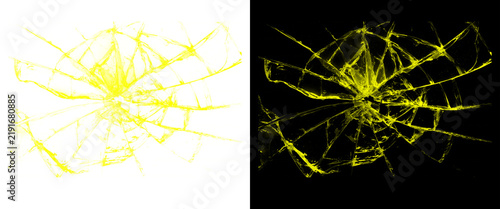 Quadro su tela Yellow shattered glass texture, broken window cracks on black and white backgrou