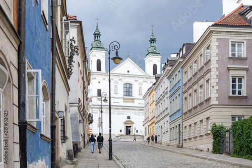 Street view of St. Hyacinth's Church in Warsaw Old Town