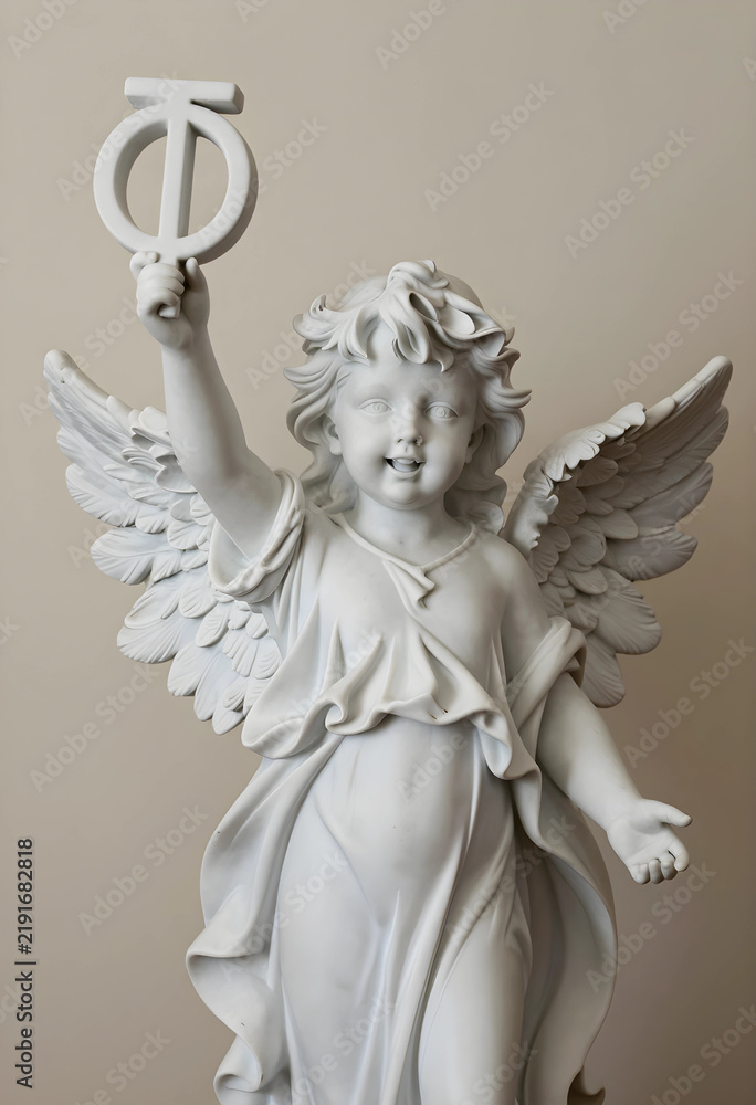 Fototapeta premium Spirituality and divine grace, marble cherub statue holding a symbolic sign of faith and peace in a classic religious art style for church decoration
