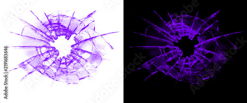 Fotografie Purple shattered glass bullet hole, cracked window impact effect on white and bl